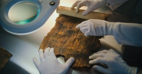 scientists examine and discover cultural heritage of extinct human civilization. two archaeologists 