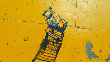 Fototapete - Aerial perspective of a shopping cart filled with toys and games, isolated on a bright yellow background, capturing the joy