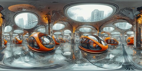 Canvas Print - An immersive 360-degree equirectangular spherical panorama of electric cargo drones transporting goods through urban corridors, revolutionizing logistics with