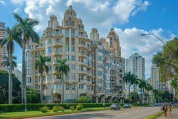 Wall Mural - A large building with a lot of windows and a palm tree in front of it