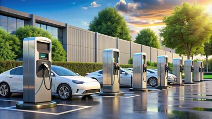 Modern electric vehicle charging stations line a well-lit parking lot, providing a convenient and eco-friendly refueling option for environmentally conscious drivers on the go.