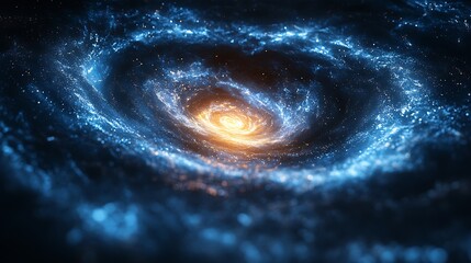 Wall Mural - A swirling galaxy with a bright orange center and blue arms of light, against a black background.