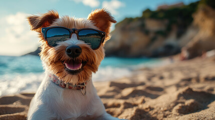 Happy dog ​​in sunglasses on sandy beach by the sea