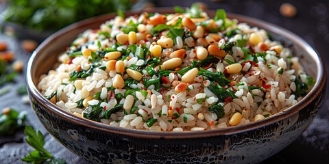 Wall Mural - Spinach and Pine Nut Pilaf cooked with toasted pine nuts, spinach, onions, garlic, and vegetable broth.