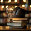 © SprintZz - Light bulb inside with books and wearing graduation cap symbolizes education and technology, creative learning concept, innovative study tools