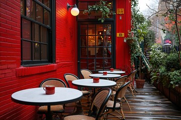 A red brick building with a yellow sign on the door