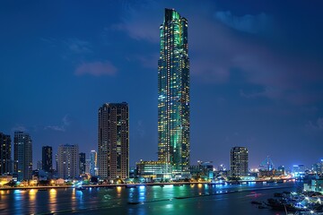 Wall Mural - A city skyline at night with a tall building in the middle