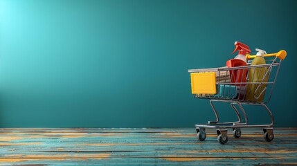 Poster - Close-up shot of a shopping cart loaded with household essentials, isolated on a vibrant blue background, from cleaning supplies to