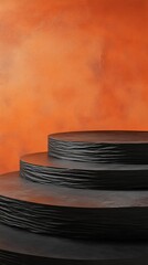 Poster - Black wooden podium against textured orange wall, studio shot. Minimalist abstract concept