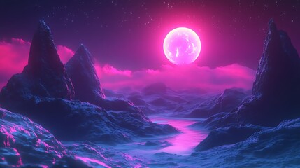 Poster - Pink Moon Over a Mountainous Landscape