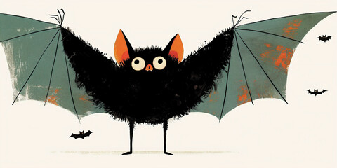 Cartoon halloween bat. Folk style illustration. Halloween and autumn concept. Image for Halloween party invitations, posters. 