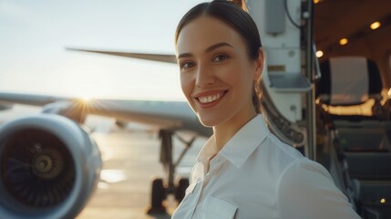 Poster - A cheerful flight attendant welcomes passengers at the plane door as the sun sets behind the aircraft on the runway. Generative AI