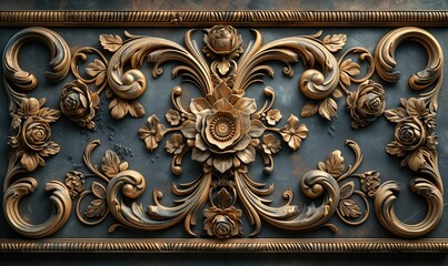 An elaborate baroque style frame with intricate gold scrollwork on a brown background, suggesting luxury and classic elegance 