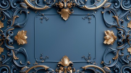 An elaborate baroque style frame with intricate gold scrollwork on a blue background, suggesting luxury and classic elegance