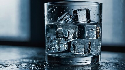 A clear glass holds sparkling water with several ice cubes inside, creating condensation. The setting features a dark surface illuminated by soft natural light