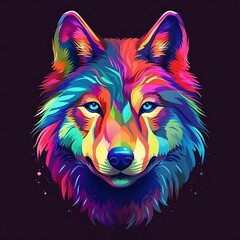  Colorful wolf illustration featuring vibrant hues and intricate details set against a dark background