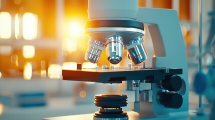 Poster - a close-up view of a microscope in a modern laboratory setting, reflecting light and showcasing adva