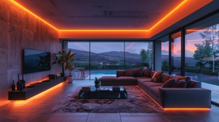 Sticker - Design a modern living room with a sleek sofa, a wall-mounted TV, and LED strips integrated along the ceiling for