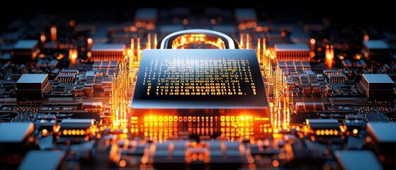 Poster - A detailed close-up of a digital lock on a circuit board, symbolizing cybersecurity and data protection in a technology landscape.