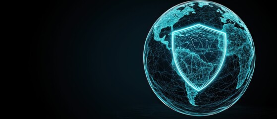Poster - A digital representation of a secure globe with a shield symbol, illustrating global cybersecurity and protection concepts.