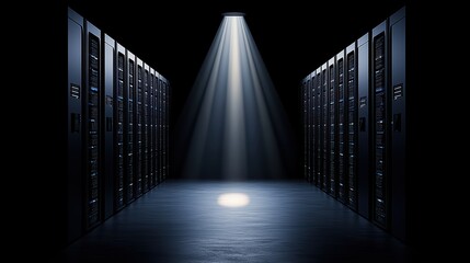 Poster - A dimly lit server room with racks of equipment illuminated by a dramatic spotlight, creating a mysterious atmosphere.
