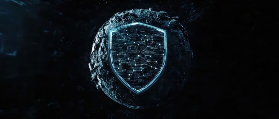 Poster - A futuristic shield symbol with a glowing outline, representing security, protection, and modern technology in a digital realm.