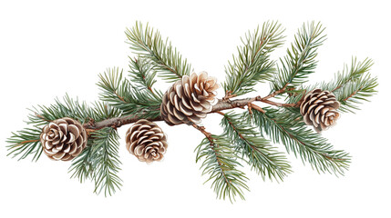 A realistic fir branch with detailed needles and pine cones, isolated on a transparent background