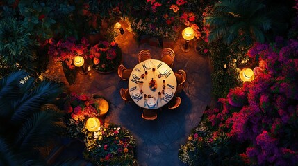 Wall Mural - Top-down shot of an elegant dining setup in a blooming flower garden, with the soft glow of sunrise enhancing the colorful scene.