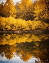 Wall Mural - Vibrant yellow leaves create a stunning autumn display around a calm lake, with reflections mirroring the foliage on the water's surface as the day comes to a close. Generative AI