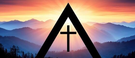 A stunning sunrise behind jagged mountains with a cross symbolizing faith and hope, creating a serene and uplifting atmosphere.