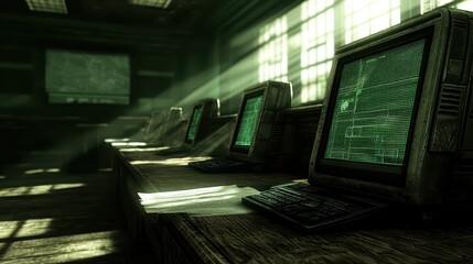 Poster - A vintage computer lab with retro monitors and beams of light creating an atmospheric ambiance of nostalgia and technology.