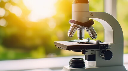 Poster - close-up of a modern microscope with sunlight background, symbolizing scientific research and discov