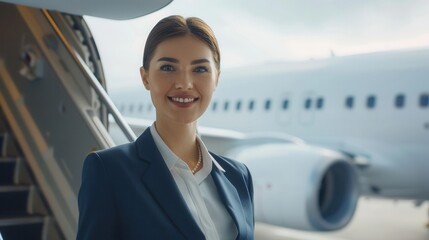 Poster - A friendly flight attendant welcomes travelers as they prepare to board the airplane, showcasing her professional demeanor and warm smile. Generative AI
