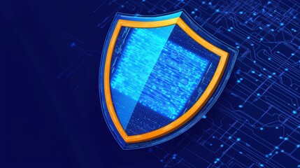 Poster - Digital shield symbol representing cybersecurity and protection in a technological landscape with blue tones.