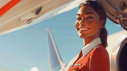 Aufkleber - A flight attendant in a red uniform greets passengers with a smile while standing beside an aircraft at the airport. Generative AI