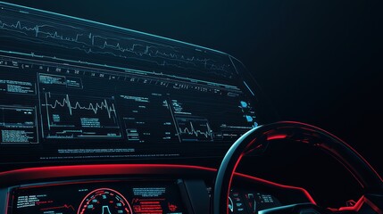 Poster - Futuristic car dashboard displaying advanced data metrics and controls with neon accents, emphasizing innovation in automotive technology.