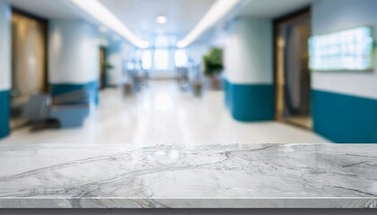 Wall Mural - Marble table top with blur hospital clinic medical interior background
