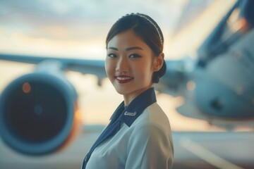 Poster - A flight attendant stands confidently by an airplane, smiling as the sun sets, creating a warm atmosphere around her. Generative AI