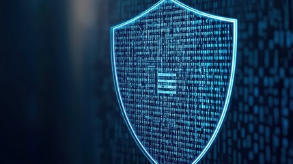 Poster - Futuristic digital shield symbolizing cybersecurity with binary code background, representing data protection and privacy.