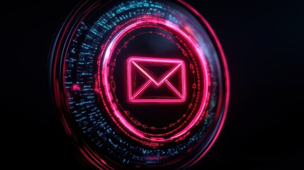 Poster - Futuristic email icon glowing in neon pink, encircled by digital elements, representing innovation in communication technology.