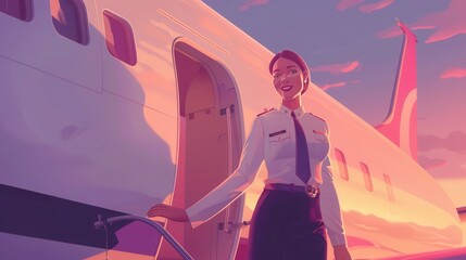 Aufkleber - A flight attendant welcomes passengers with a warm smile as they prepare to board the aircraft during a stunning sunset moment. Generative AI