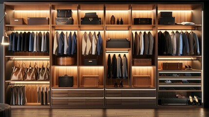 Poster - This contemporary wardrobe showcases a stunning array of well-arranged suits, bags, and shoes, all enhanced by sleek design and warm lighting for a luxurious atmosphere