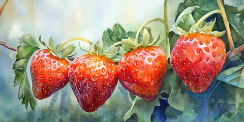 Red strawberries on a vine Watercolor painting