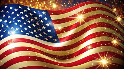 Patriotic American flag with shimmering golden stars overlaid on a waving red and white striped background, symbolizing freedom and national pride.