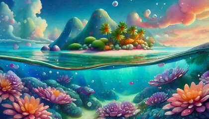 OIL PAINTING STYLE  cartoon  illustration coral, underwater, sea, fish, reef, water, ocean, nature, diving, tropical, marine, scuba