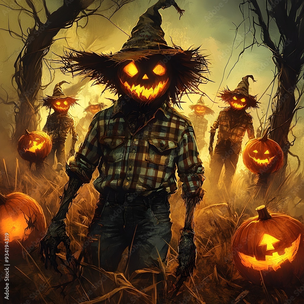 Photo Stock Haunting Halloween Scarecrows with Expressive Jack o ...