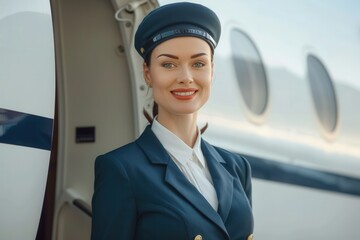 Aufkleber - A friendly flight attendant stands at the door of an aircraft, ready to welcome passengers onto the plane with a warm smile. Generative AI