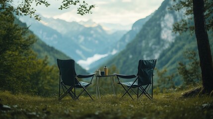 Wall Mural - two camping chairs and a table overlooking a valley during dusk in a mountainous region