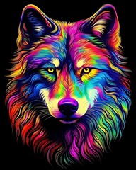  Colorful wolf illustration with vibrant rainbow fur on black background
