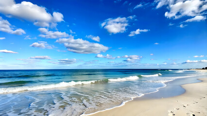 Wall Mural - A tranquil beach scene with gentle waves and a clear blue sky